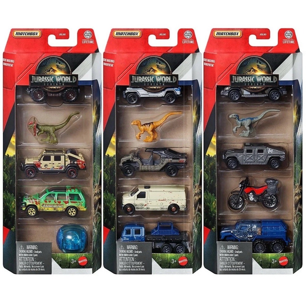 2025 Matchbox Jurassic World Rebirth, 3 Sets, 5 Pack Each, In Hand